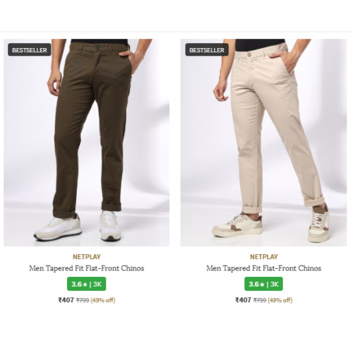 Ajio – Netplay Mens Chinos / Trousers from ₹407 + Free Delivery