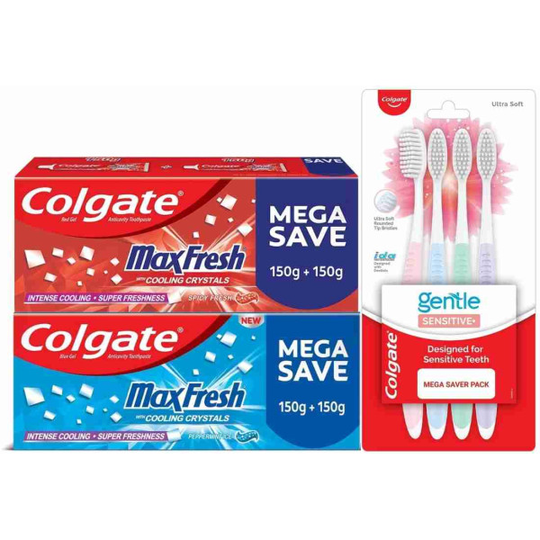 Colgate MaxFresh Red 300g & Blue 300g Toothpaste with Gentle Sensitive Toothbrush 4pcs