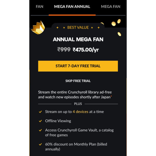 Crunchyroll OTT 1 Year Premium Plan at ₹475