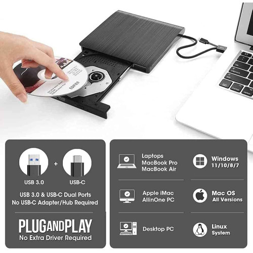 External DVD Drive USB 3.0 USB-C Portable CD DVD Burner