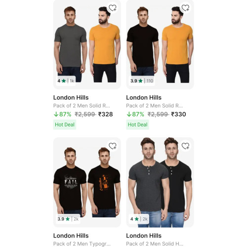 London Hills Pack of 2 Mens Tshirt with up to 88% discount, starting from ₹286