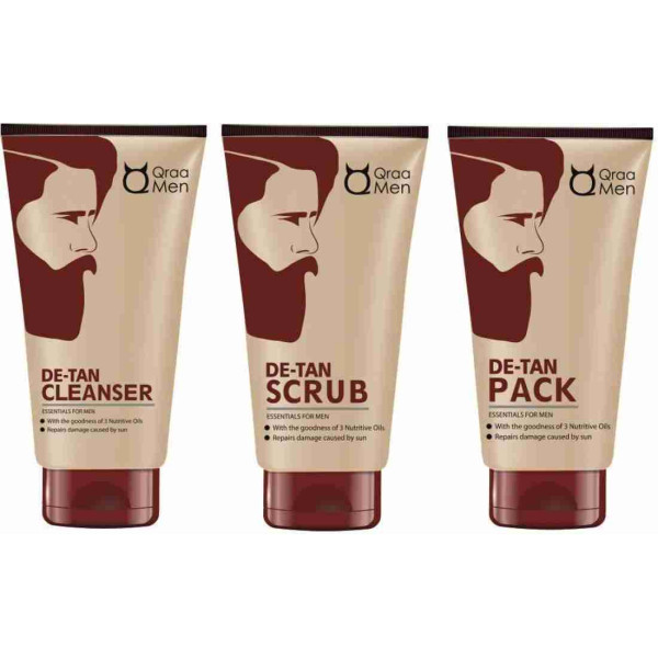 Qraa Men De-Tan Cleanser (100g) + De-Tan Scrub (100g) + De-Tan Pack (120g) for Men