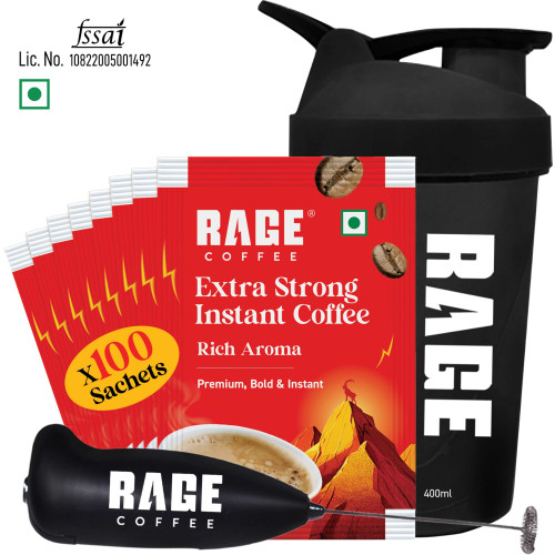 RAGE Extra Strong Premium Blend Coffee 100 Sachets with Shaker & Frother