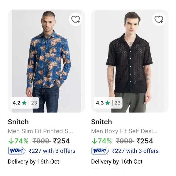 Snitch Men’s Stylish Shirts at 74% Off Just ₹254