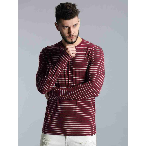 Striped Men’s Round Neck Maroon T-Shirt @ Rs 269