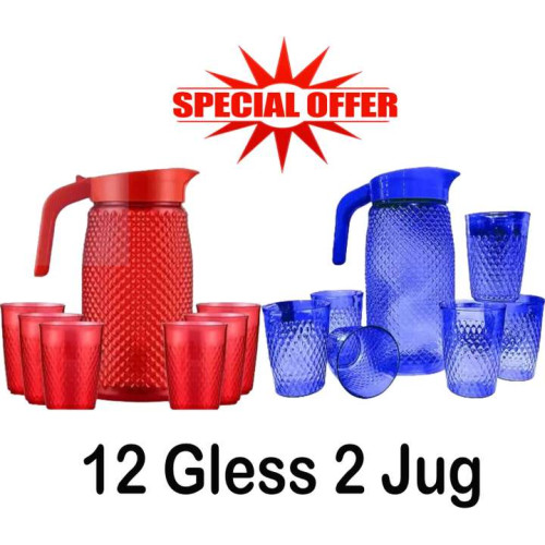 X PODS 14-Piece Plastic Water Jug & Glass Serving Combo – 2 Jugs + 12 Glasses