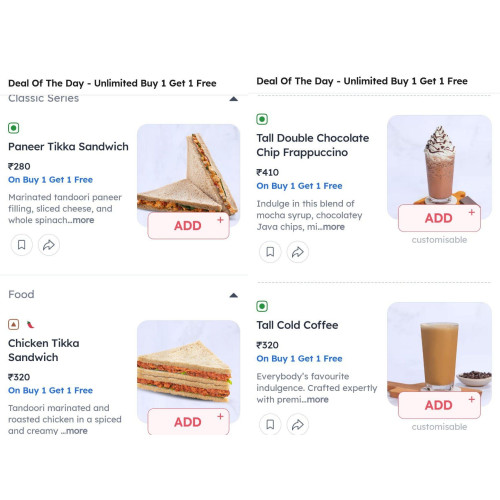 Zomato And Starbucks Unlimited Buy One Get One Free Offer